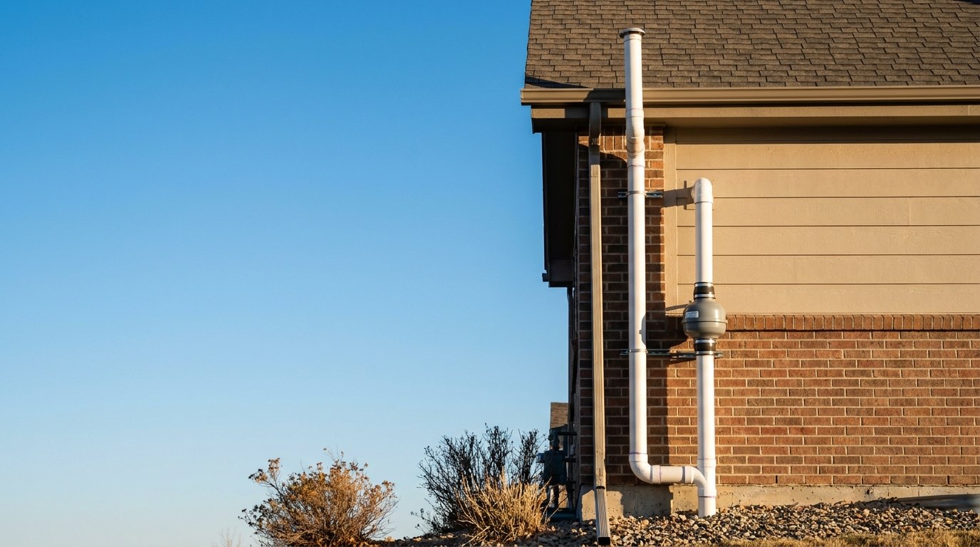 White radon mitigation riser pipe running up the exterior wall of a Denver house to an inline fan and a discharge above the roofline