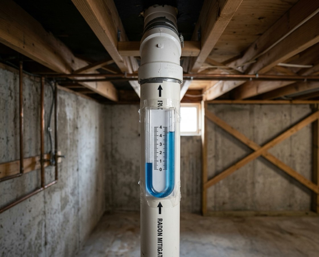 Close-up of a U-tube manometer mounted on a white radon mitigation pipe, the coloured fluid sitting at two different levels to show the fan is pulling